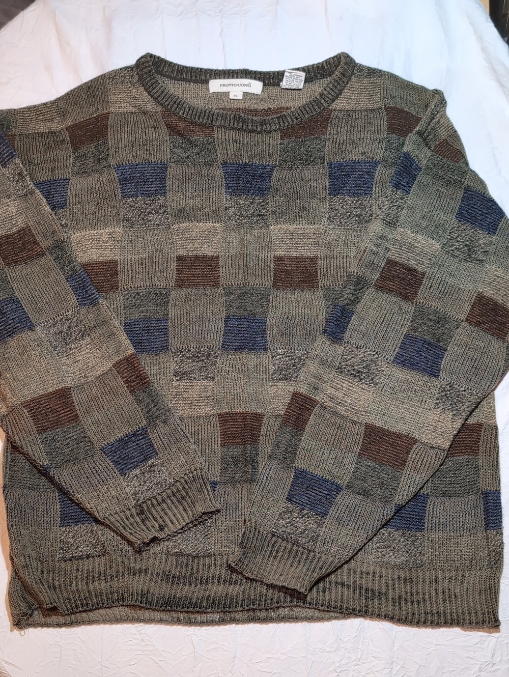 Mens XL Sweater Pronto Uomo Olive Crewneck Sweater with Blue and Brown Grid